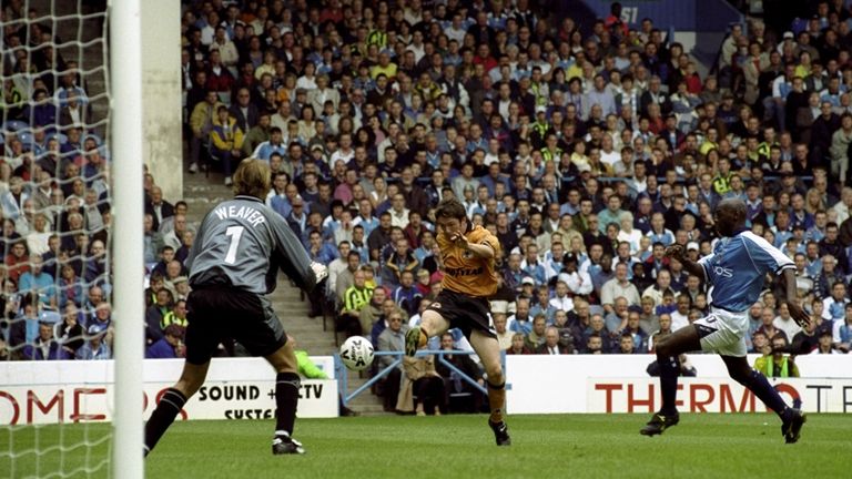 8 Aug 1999:  Robbie Keane of Wolverhampton Wanderers scores the winning goal during the Nationwide Division One match against Manchester City played at Mai