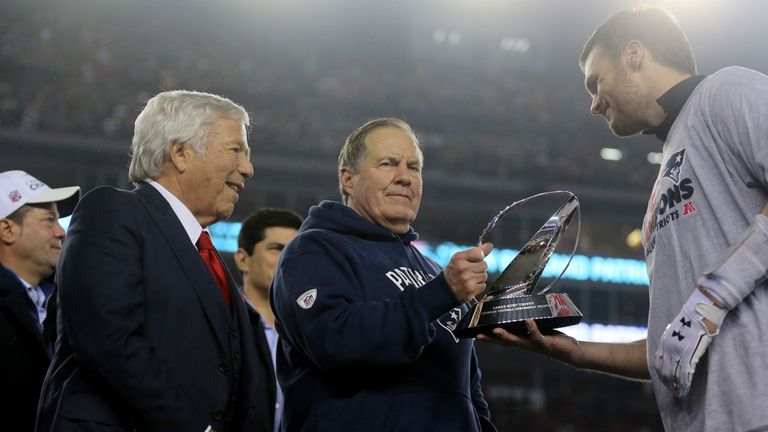 FOXBORO, MA - JANUARY 22:  (L-R) Robert Kraft, owner and CEO of the New England Patriots, head coach Bill Belichick of the New England Patriots and Tom Bra