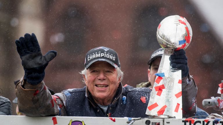 BOSTON, MA - FEBRUARY 07: New England Patriots owner Robert Kraft waves to the crowd during a Super Bowl victory parade on February 7, 2017 in Boston, Mass