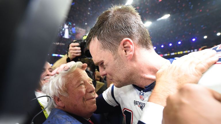 New England Patriots owner Robert Kraft and Tom Brady #12 of the New England Patriots celebrate after defeating the Atlanta Falcons during Super Bowl 51 at