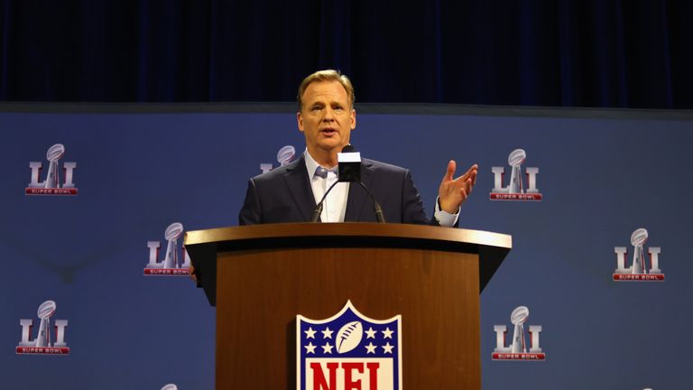 HOUSTON, TX - FEBRUARY 01:  NFL Commissioner Roger Goodell speaks with the media during a press conference for Super Bowl 51 at the George R. Brown Convent