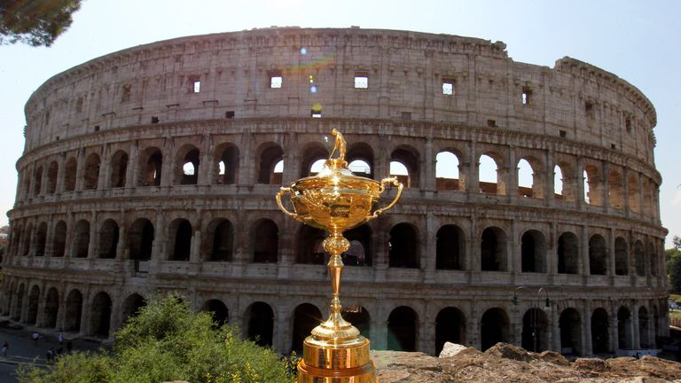 ROME, ITALY - SEPTEMBER 13: A general view of the Ryder Cup Trophy in front of the Coliseum during the Ryder Cup Trophy Tour event on September 13, 2016 in