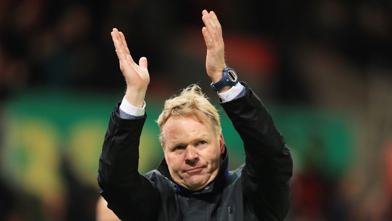 STOKE ON TRENT, ENGLAND - FEBRUARY 01: Ronald Koeman, Manager of Everton applauds supporters during the Premier League match between Stoke City and Everton