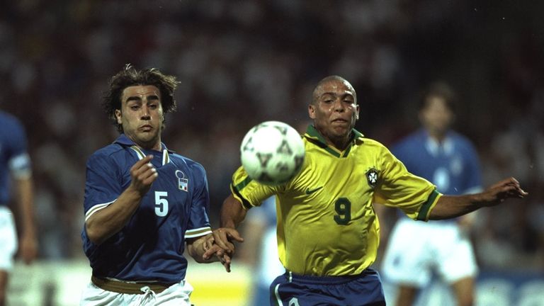 8 Jun 1997:  Ronaldo of Brazil (right) competes with Fabio Cannavaro of Italy during the match in the Tournoi De France in Lyon, France. The game was drawn