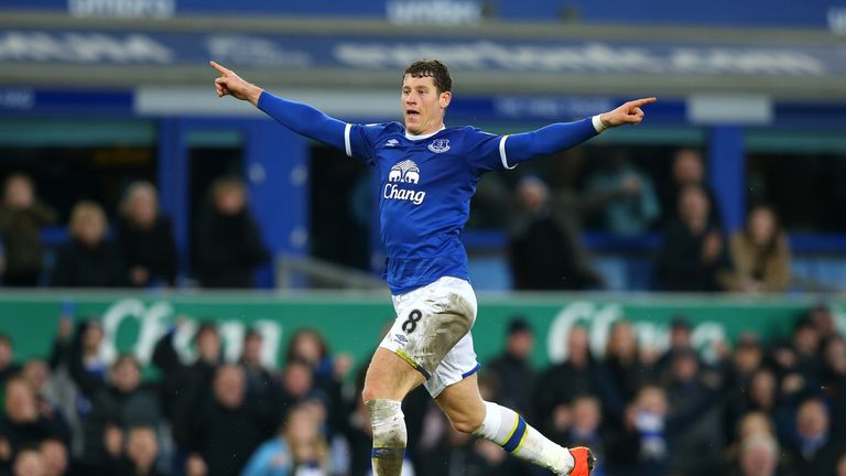 Ross Barkley of Everton celebrates scoring his side's sixth goal 