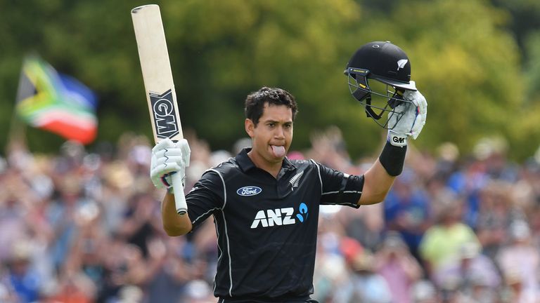 CHRISTCHURCH, NEW ZEALAND - FEBRUARY 22: Ross Taylor of New Zealand celebrates his century during game two of the One Day International series between New 