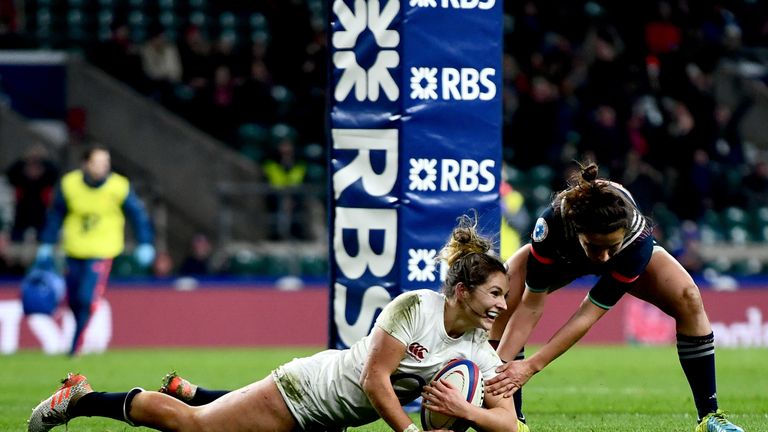 Amy Wilson Hardy scores England's second try against France at Twickenham