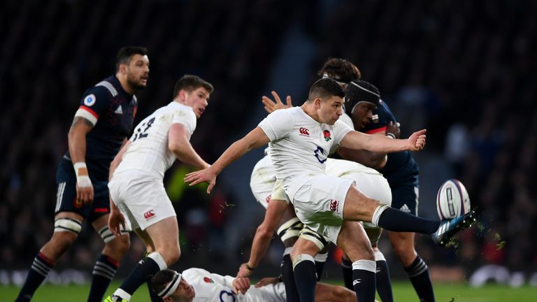 Ben Youngs box-kicks during the Six Nations game with France