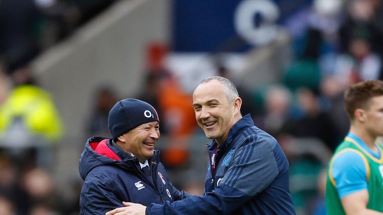 Eddie Jones shakes hands with Conor O'Shea before kick-off