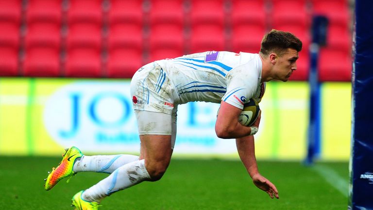 Henry Slade scores Exeter's side's third try during their Anglo-Welsh Cup win at Bristol