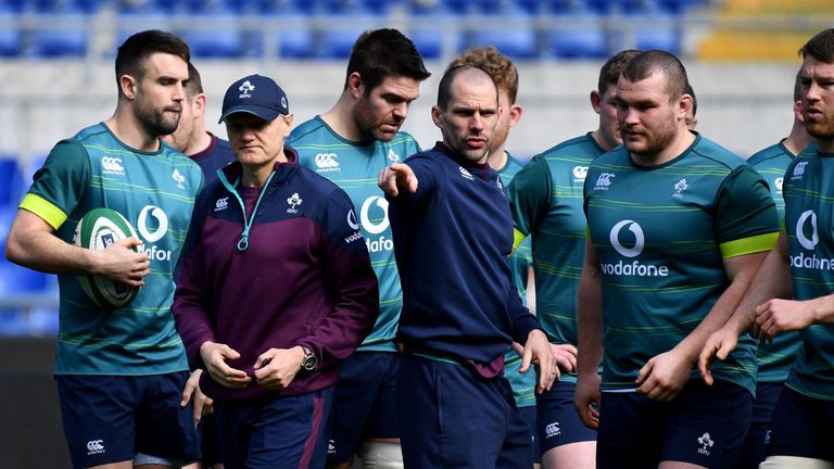 Ireland head coach Joe Schmidt (second from left) watches on during their captain's run in Rome