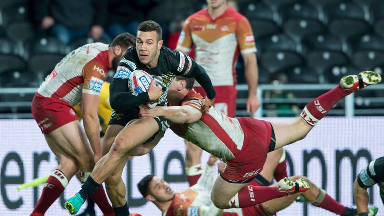Carlos Tuimavave evades Catalans tackles on his way to scoring a try