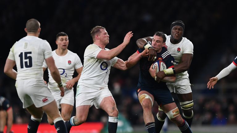 England flanker Maro Itoje catches Louis Picamoles with a high tackle