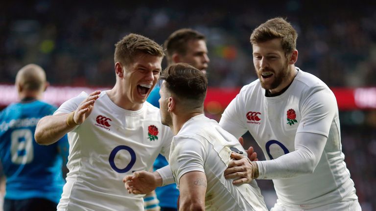 Owen Farrell (left) and Elliot Daly celebrate with Danny Care after his second-half try drew England level