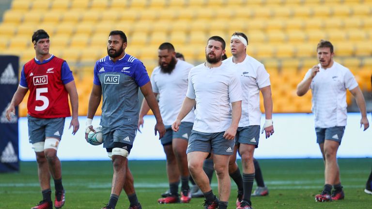 Patrick Tuipulotu (centre) during an All Blacks training session