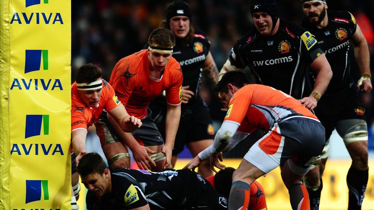 Sam Skinner goes over for Exeter's fourth try against Newcastle