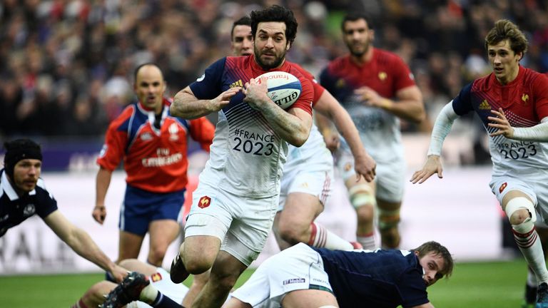France's flanker Kevin Gourdon runs with the ball during the Six Nations international rugby union match between France and Scotland at the Stade de France