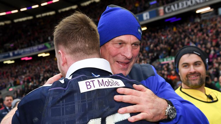 Scotland head coach Vern Cotter congratulates Stuart Hogg after their win over Wales