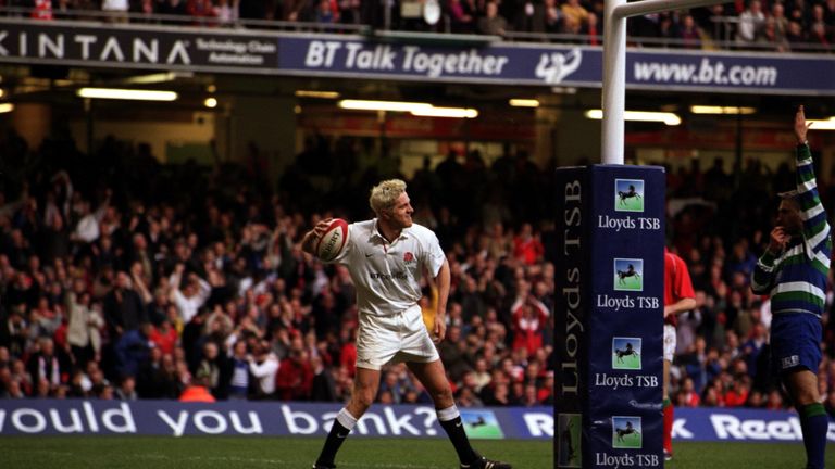 Will Greenwood celebrates scoring the first of his three tries against Wales in the 2001 Six Nations