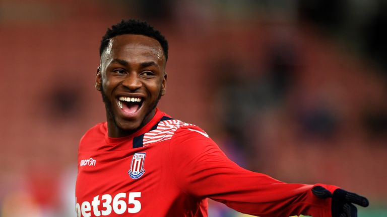 STOKE ON TRENT, ENGLAND - FEBRUARY 01:  Saido Berahino of Stoke City laughs prior to the Premier League match between Stoke City and Everton at Bet365 Stad