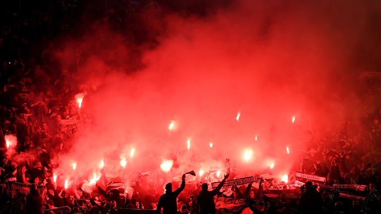 MANCHESTER, ENGLAND - FEBRUARY 16:  Saint-Etienne fans show their support during the UEFA Europa  League Round of 32 first leg match between Manchester Uni