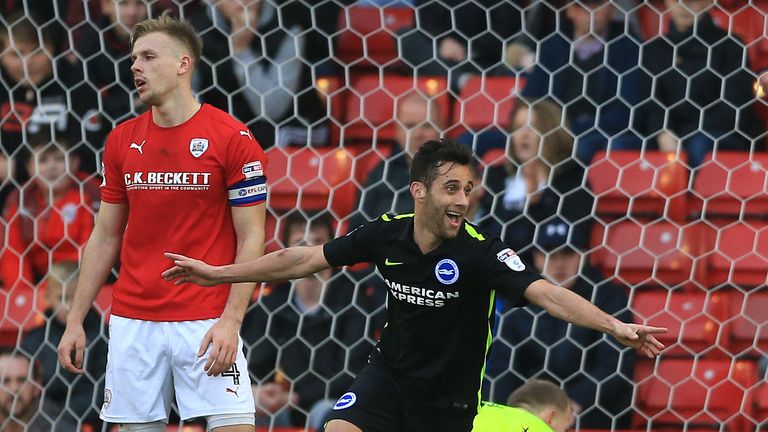 Brighton & Hove Albion's Sam Baldock celebrates scoring his side's second goal of the game during the Sky Bet Championship match at Oakwell, Barnsley.