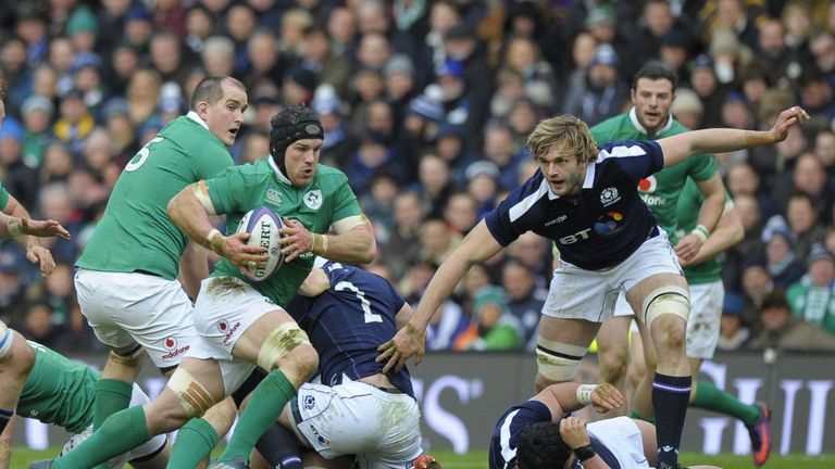 Ireland's flanker Sean O'Brien (L) runs during the Six Nations international rugby union match between Scotland and Ireland at Murrayfield in Edinburgh, Sc