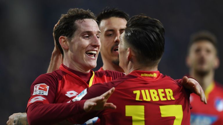 Hoffenheim's midfielder Sebastian Rudy and his teammates celebrate during the German first division Bundesliga football match of FC Schalke vs TSG Hoffenhe