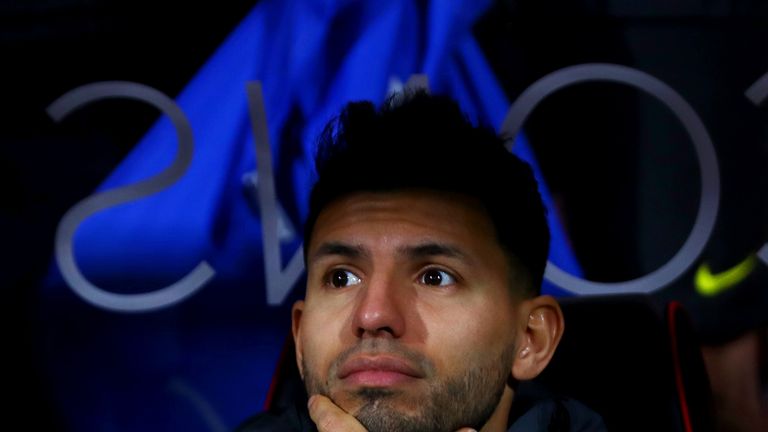 BOURNEMOUTH, ENGLAND - FEBRUARY 13:  Sergio Aguero of Manchester City sits on the bench before the Premier League match between AFC Bournemouth and Manches