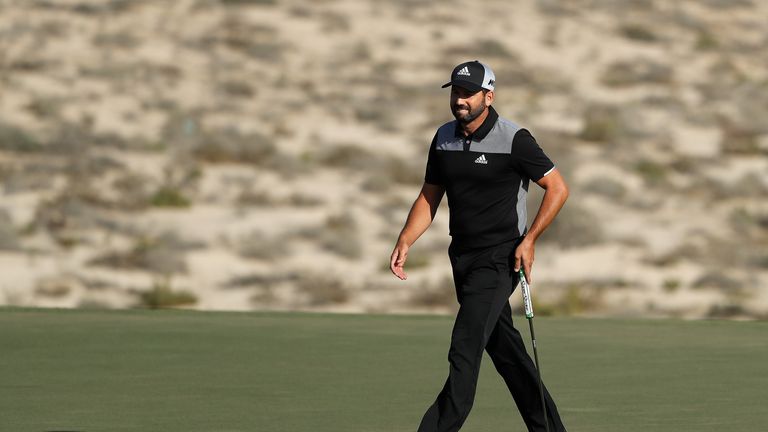 DUBAI, UNITED ARAB EMIRATES - FEBRUARY 04:  Sergio Garcia of Spain reacts during the third round of the Omega Dubai Desert Classic at Emirates Golf Club on