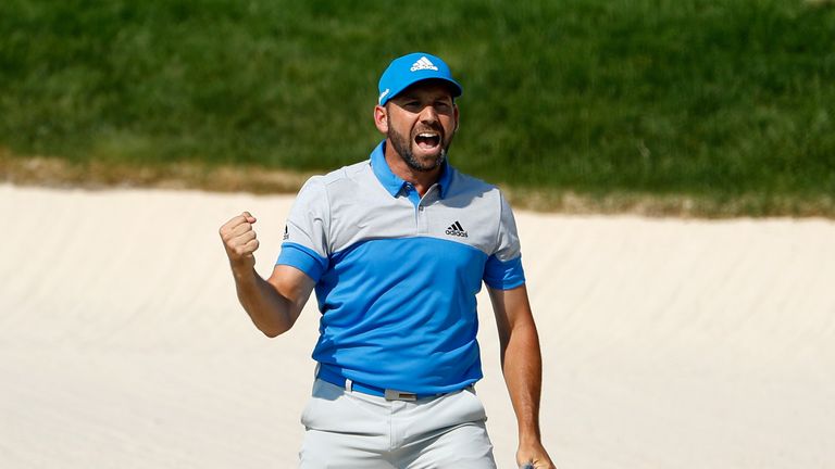 OAKMONT, PA - JUNE 19:  Sergio Garcia of Spain reacts after holing a bunker shot for birdie on the eighth hole during the final round of the U.S. Open at O