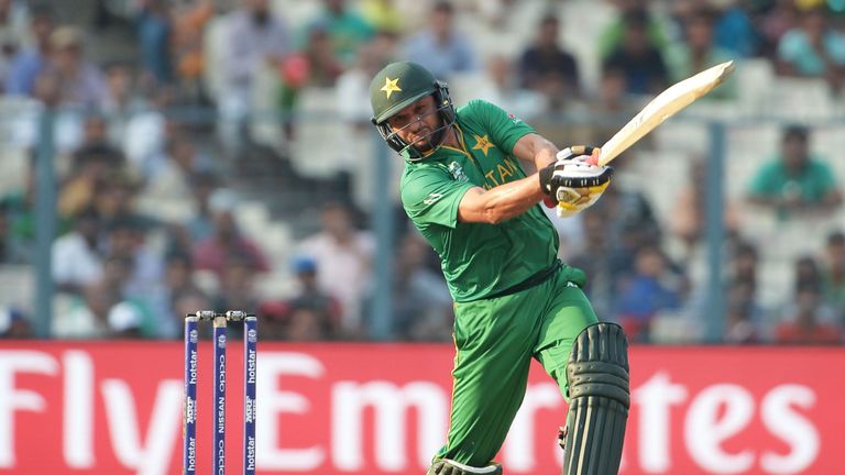 Pakistan's captain Shahid Afridi plays a shot during the World T20 cricket tournament match between Pakistan and Bangladesh at The Eden Gardens Cricket Sta