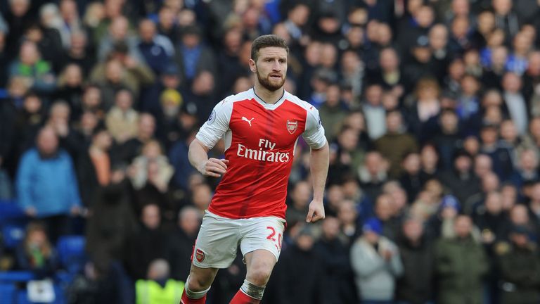 Shkodran Mustafi during the Premier League match between Chelsea and Arsenal at Stamford Bridge on February 4, 2017 in London, England.