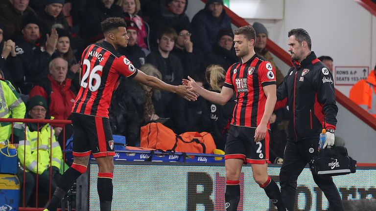 Injured Bournemouth captain Simon Francis (r) is replaced by Tyrone Mings against Manchester City