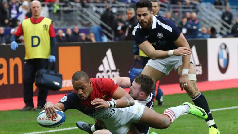 PARIS, FRANCE - FEBRUARY 12:  Gael Fickou of France dives over to score his team's opening try  during the RBS Six Nations match between France and Scotlan