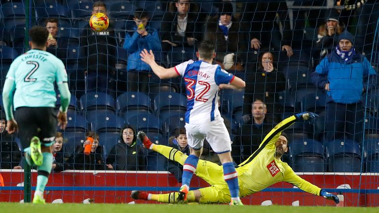 Blackburn Rovers' Craig Conway scores his teams first goal past Derby County goalkeeper Scott Carson from the penalty spot