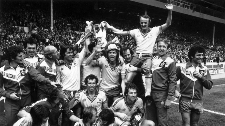 1st May 1976:  The jubilant Southampton football team celebrate with the trophy after their 1-0 victory over Manchester United in the FA Cup Final at Wembl