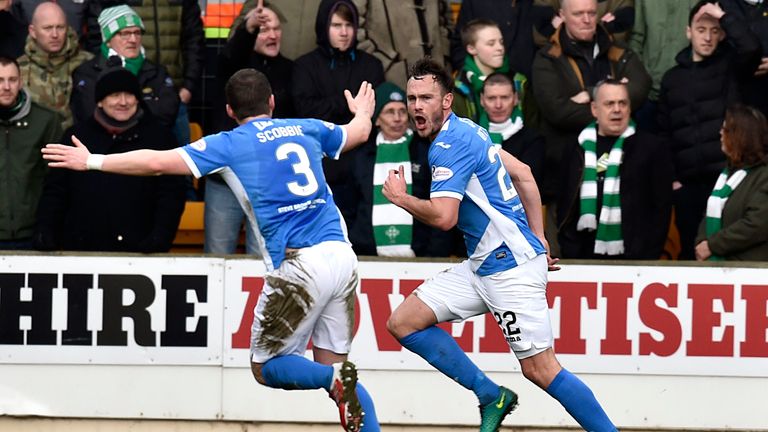 St Johnstone's Keith Watson celebrates after heading home an equaliser