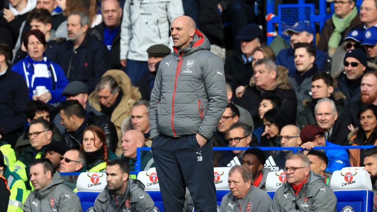 Arsenal assistant manager Steve Bould looks on from the touchline at Stamford Bridge