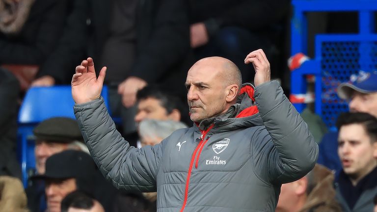 Arsenal assistant manager Steve Bould looks on at Stamford Bridge