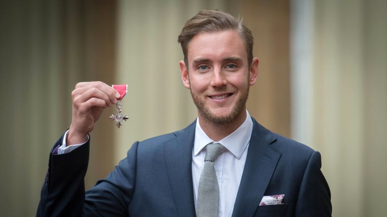 England cricketer Stuart Broad after being made a Member of the Order of the British Empire (MBE) by the Prince of Wales at Buckingham Palace