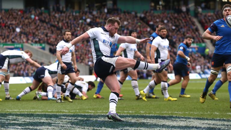 EDINBURGH, SCOTLAND - MARCH 13 2017:  Stuart Hogg of Scotland kicks the ball during the match between Scotland and France at Murrayfield