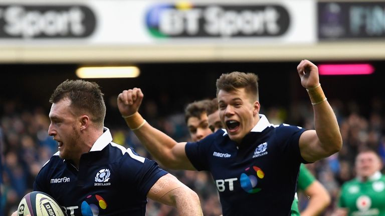 EDINBURGH, SCOTLAND - FEBRUARY 04:  Scotland fullback Stuart Hogg runs in his second try during the RBS Six Nations match between Scotland and Ireland at M