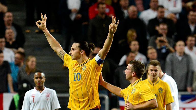 Sweden's striker and team captain Zlatan Ibrahimovic (C) celebrates with his teammates after scoring his 3rd goal of the match during the FIFA World Cup 20