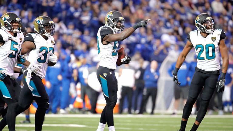 INDIANAPOLIS, IN - JANUARY 01:  Telvin Smith #50 of the Jacksonville Jaguars celebrates after intercepting a pass during the game against the Indianapolis 