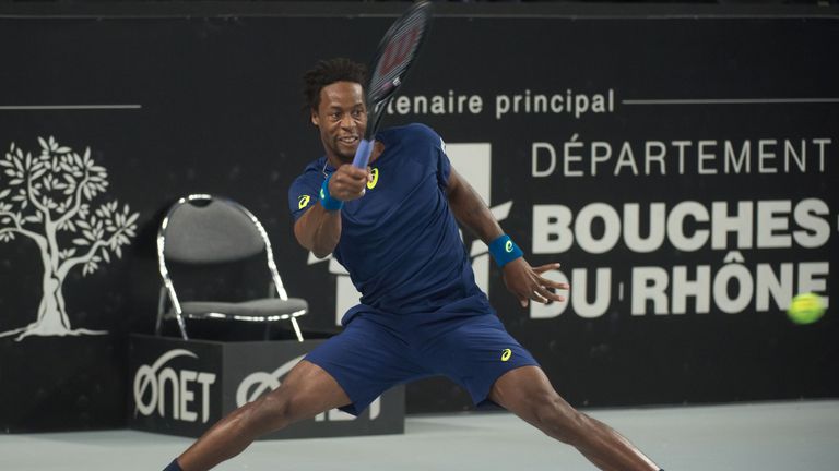 France's Gael Monfils returns the ball to Ukraine's Sergiy Stakhovsky during the ATP Marseille Open 13 tennis match in Marseille