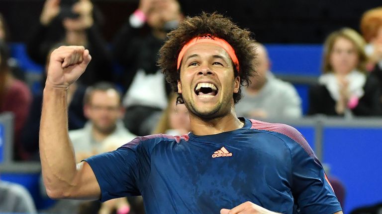 French Jo-Wilfried Tsonga celebrates after winning his quarterfinal tennis match against Russian Daniil Medvedev during the Open Sud de France
