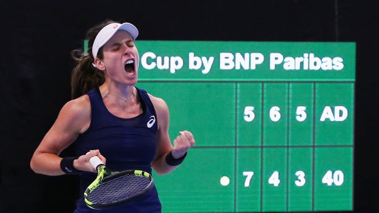 Johanna Konta of Great Britain celebrates during the Fed Cup Europe/Africa Group 1, Pool C singles match