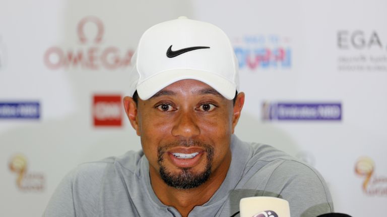 DUBAI, UNITED ARAB EMIRATES - FEBRUARY 01:  Tiger Woods of the USA addresses a press conference during the pro-am ahead of the Omega Dubai Desert Classic a