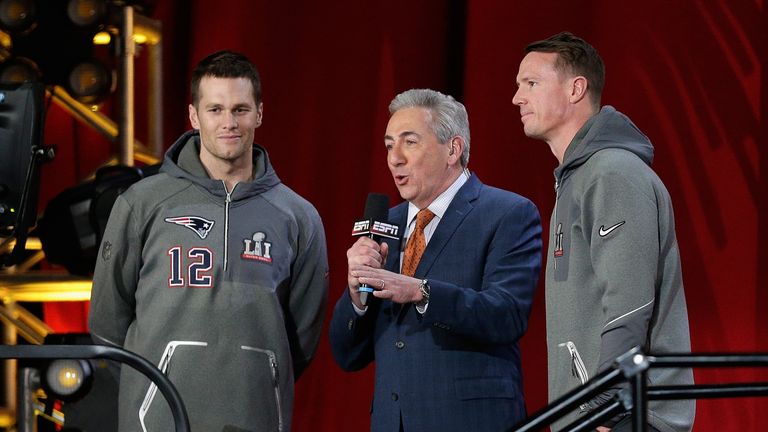 HOUSTON, TX - JANUARY 30:  ESPN reporter Sal Paolantonio interviews Tom Brady #12 of the New England Patriots and Matt Ryan #2 of the Atlanta Falcons durin